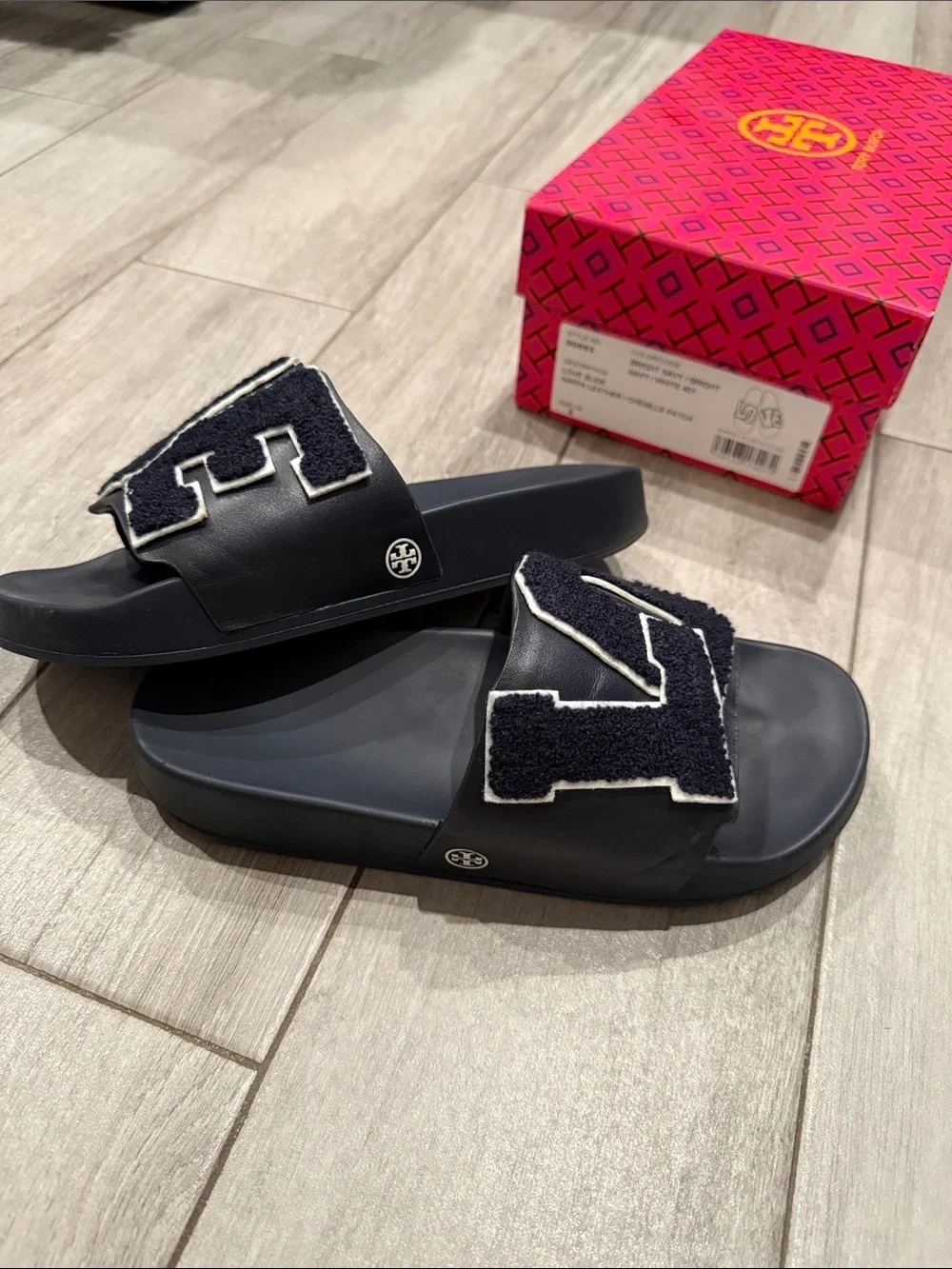 Tory Burch Navy Slide Sandals with White-Trim 'LOVE' Appliqué